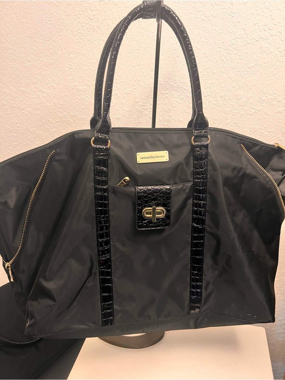 Samantha Brown Packable Black Nylon Tote with Croc Trim